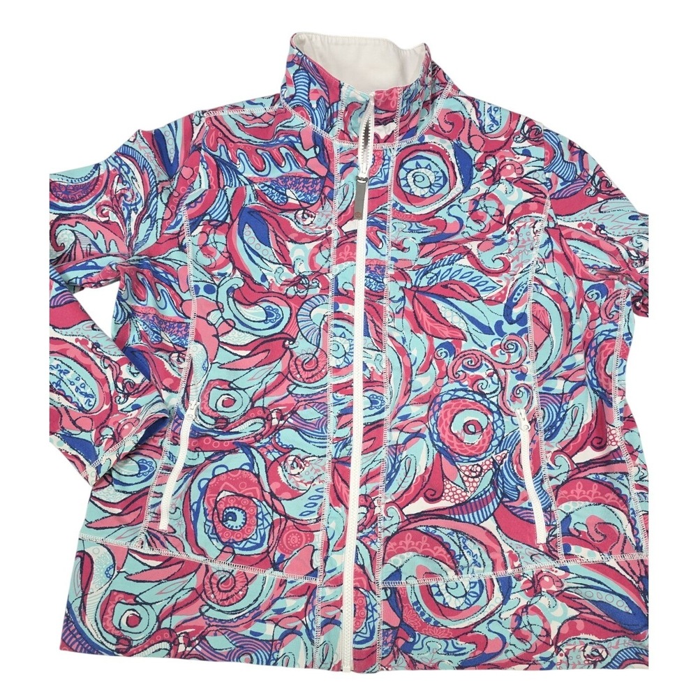 T by Talbots Full Zip Jacket 1X Pink Blue Psychedelic Print Mock Neck Active